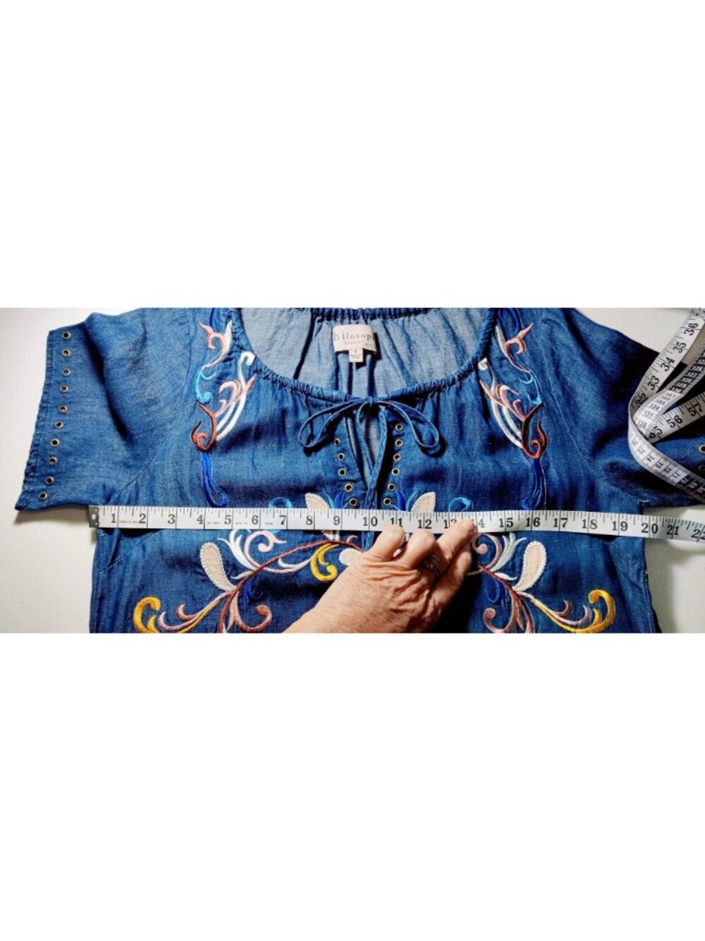 Philosophy Boho Chambray Dress S Blue Floral Embroidery Peasant Tassel Gromets - Picture 12 of 15
